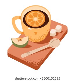 A cup of tea with lemon and a slice of apple. Flat vector illustration isolated on white background.