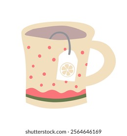 Cup of tea with a lemon slice and tea bag, cozy and warm look, in simple doodle style. 