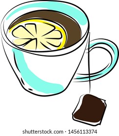 Cup of tea with a lemon slice, illustration, vector on white background.