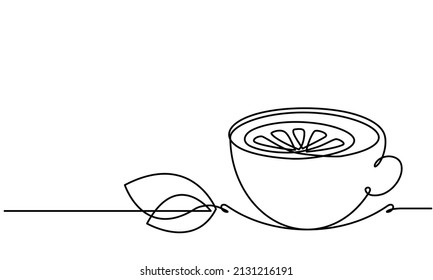 Cup of tea and lemon slice. Mint tea. Green tea. Vector sketch. Continuous line drawing. Hot drink aroma. Medical anti-virus drink. Antiviral 