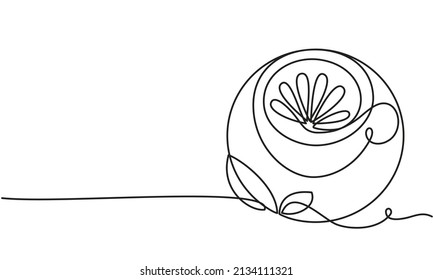 Taza de té y rebanada de limón. Té de menta. Té verde. Esbozo vectorial. Dibujo continuo de líneas. Aroma de bebida caliente. Bebida medica anti-virus.