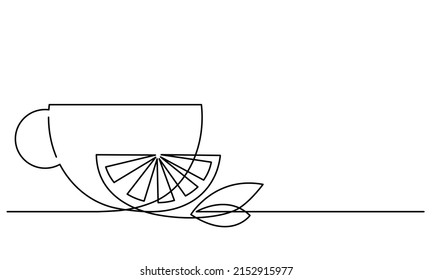 Cup Of Tea And Lemon Slice. Mint Tea. Green Tea. Vector Sketch. Continuous Line Drawing. Hot Drink Aroma. Medical Anti-virus Drink.