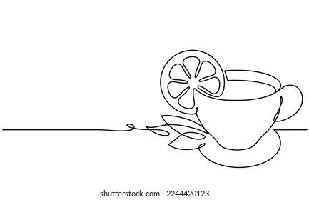 Cup of tea and lemon slice. Mint tea. Green tea. Vector sketch. Continuous line drawing. Hot drink aroma. Medical anti-virus drink. Water with lemon.