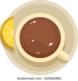 Cup of tea with lemon slice on saucer. Traditional english drink