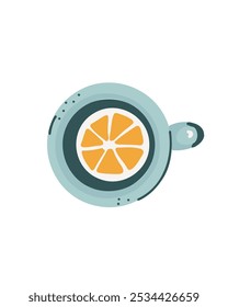 Cup of tea with a lemon slice, top view, in a simple cartoon style, vector illustration for children's books and decor