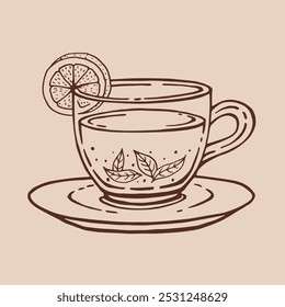 Cup of tea with lemon slices, tea leaves. Hand drawn vector illustration in outline style.