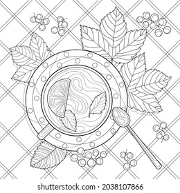 The cup of tea with lemon slices and mint, spoon and round pattern on a saucer, maple leaves, berries, tablecloth. Autumn cozy illustration on a white isolated background. For coloring book.