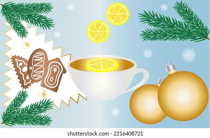 cup of tea with lemon spruce branches christmas