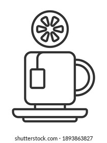 Taza de té con limón. Icono de moda vector para interfaz de usuario, web, aplicación. Se muestra una bolsa de té. Café, cartel de mocha.