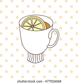 A cup of tea with a lemon wedge isolated on a white background with orange polka dots. Vector illustration.