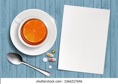 Cup of tea with lemon and a white blank sheet on a wooden table. Vector illustration