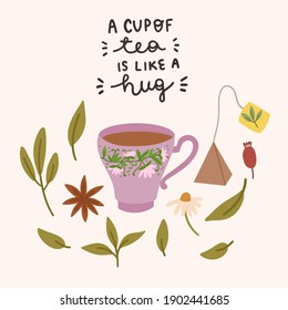 Una taza de té es como un abrazo. Cartel de saludo con set de té, pancarta, pegatinas, etc. Ilustración dibujada a mano por vectores.