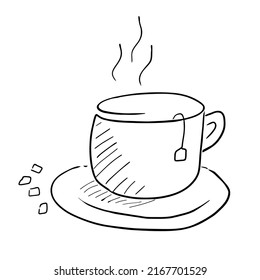 Diseño de la copa de arte de la línea de té. Ilustración de bebida caliente de Aroma. Dibujo de tazas de perro. Elemento vector del café.