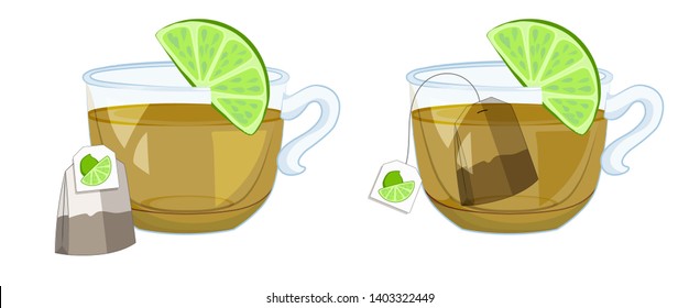 Cup of tea with lyme and tea bag with lyme flavor. Vector illustration. Isolated on white