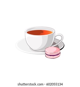 Cup of tea with macaron isolated on the white background