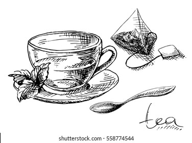 Cup of tea and mint and tea bag in graphic style, hand-drawn vector illustration.