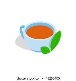 Cup of tea with mint leaf icon in isometric 3d style on a white background