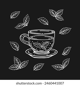 Taza de té con hojas de menta. Ilustración vectorial dibujada a mano en estilo de contorno.