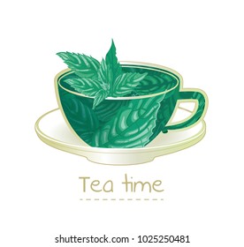 Cup of tea with mint leaves.  Trendy style with cup of tea with mint leaves. Element for design invitations, gift cards, flyers and brochures. Vector illustration isolated on white background.