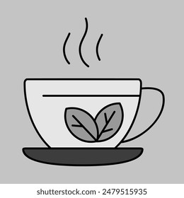 Cup of tea with mint leaves vector grayscale icon. Graph symbol for fitness and weight loss web site and apps design, logo, app, UI