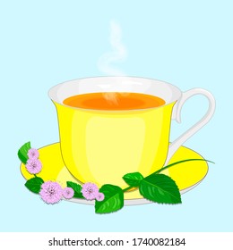 A Cup of tea with mint leaves. Mint tea. Yellow, isolated. Vector