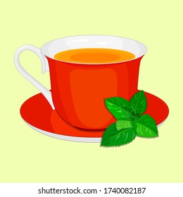 A Cup of tea with mint leaves. Mint tea. Yellow, isolated. Vector