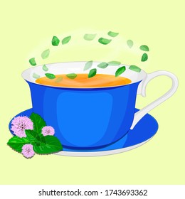 A Cup of tea with mint leaves. Mint tea. Yellow, isolated. Vector