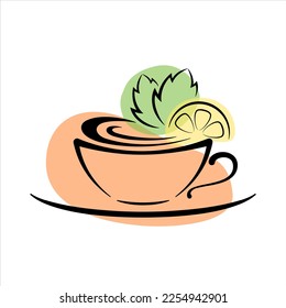 Cup of tea with mint and lemon. Black line drawing upon orange, yellow and green abstract shapes. Best for web, print, seamless patterns, logo and branding design.