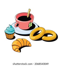 Cup of tea, muffin cake, croissant, drying bagels. Vector 3d sketch line isometric style, color icon illustration. Creative design idea and infographics elements.