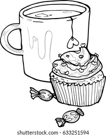 cup of tea muffin and sweets vector graphic