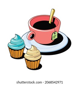 Cup of tea with muffins cake. Vector 3d sketch line isometric style, color icon illustration. Creative design idea and infographics elements.
