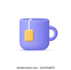 Cup of tea or mug with tea bag. Tea time, breakfast concept. 3d vector icon. Cartoon minimal style.