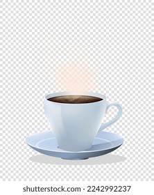Cup with tea. Mug on plate with coffee or hot drink on copy space. Cookware, comfort and coziness. Menu cafe or restaurant. Cartoon flat vector illustration isolated on transparent background
