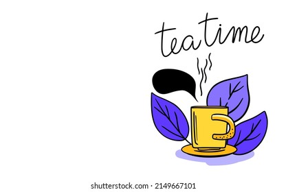 A cup of tea. Tea mural design in yellow and violet color. Tea time concept.