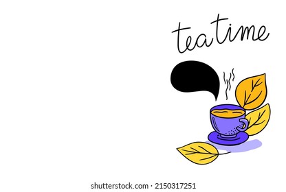 A cup of tea. Tea mural design in yellow and violet color. Tea time concept.