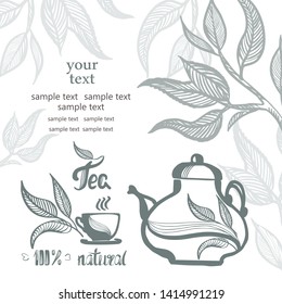 Cup of tea natural,  a hand drawn eco tea pair, tea leaves, lemon cubes on a round background. Vector illustration