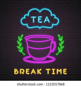 Cup of Tea Neon Light Glowing Vector Illustration Break Time Neon Light Bright