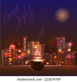 cup of tea on a background of night city