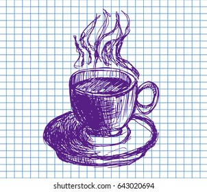 Cup of tea on copybook background. Free hand drawn. Vector illustration.