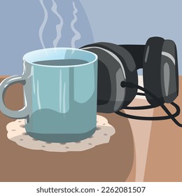 A cup of tea on a knitted napkin next to the headphones. Workplace, home comfort. Vector