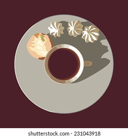 A cup of tea on a plate with biscuits and meringues