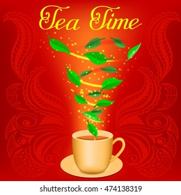 Cup of tea on the red  background with ornament. Tea time. Spiral of green leaves in a mug. Vector illustration
