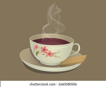 Cup of tea on a saucer with cookies. Vector illustration.