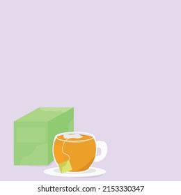 cup of tea on a saucer next to a box of green tea on a lilac background