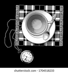 Cup of tea on a saucer, small spoon, tartan table napkin and old pocket watch on a chain. Vintage engraving stylized drawing on black background. Vector illustration
