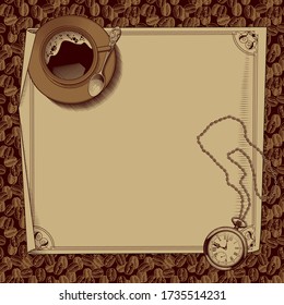 Taza de té en un platillo, cuchara pequeña, papel y reloj de bolsillo viejo con una cadena en los granos de café fondo patrón sin fisuras. Dibujo estilizado de grabado de época. Ilustración del vector