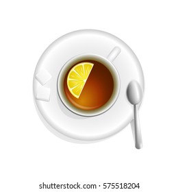 Cup of tea on a saucer and spoon. Tea with lemon. Beverages.