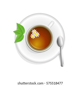 Cup of tea on a saucer and spoon. Herb tea. Beverages