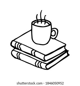 A cup tea is stack books  Сoncept cozy home  morning mood  Hand drawn vector illustration in doodle style outline drawing isolated white background 