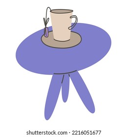 A cup of tea on a tea table drawn in doodle style.